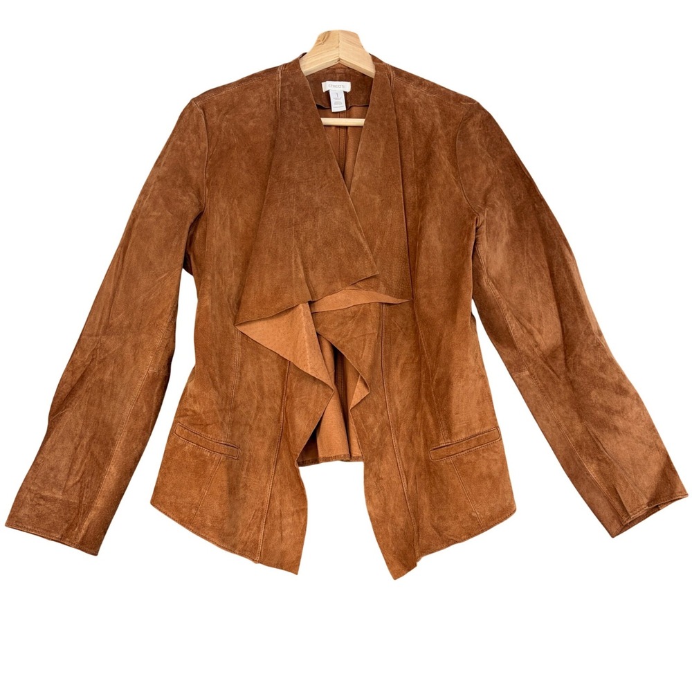 Chicos Cognac Brown Genuine Suede Leather Drape Front Jacket Women Size 1 M Crop